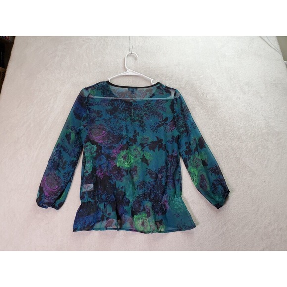 Lily Rose Blouse Top Womens Size Small Teal Floral Sheer Long Sleeve Round Neck - Picture 2 of 9